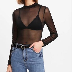 Shein black mesh long sleeve mock neck top
